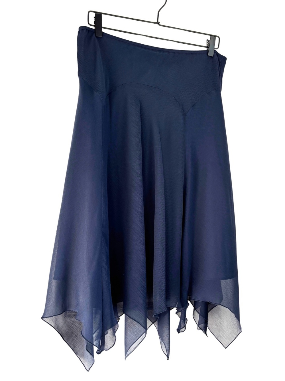 Chadwick's Navy Blue Handkerchief Hem Midi Skirt Size 14 Sheer Lined Y2K Fairy
